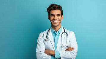 sorridente jovem masculino médico olhando às Câmera isolado em azul fundo foto