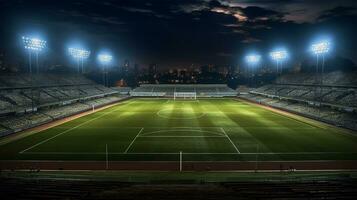 futebol estádio às noite com brilhante luzes foto