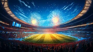 futebol estádio com fãs e fogos de artifício às noite foto