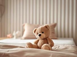 crianças cama com brinquedo Urso dentro quarto, ai generativo foto