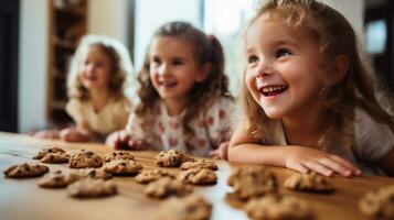 feliz família engraçado crianças assar biscoitos dentro cozinha foto