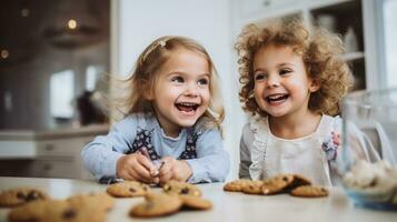 feliz família engraçado crianças assar biscoitos dentro cozinha foto