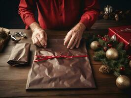 ai geração. mãos do adulto estão invólucro Natal presente dentro invólucro papel com fita. foto