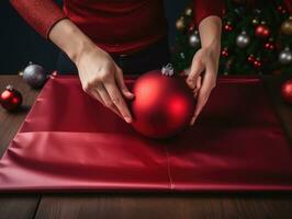 ai geração. mãos do adulto estão invólucro Natal presente dentro invólucro papel com fita. foto