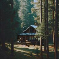 a de madeira casa misturas harmoniosamente com a natural beleza do a floresta ,ai gerado foto