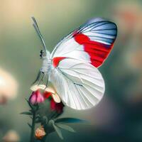 a branco e vermelho borboleta traz uma rebentar do cor para a sereno flores silvestres. ,ai gerado foto