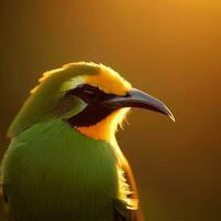 uma verde e amarelo pássaro dentro uma ensolarado tarde ,ai gerado foto