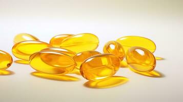 transparente amarelo vitaminas em uma luz fundo. Vitamina d, ómega 3, ómega 6, Comida suplemento óleo preenchidas peixe óleo, Vitamina a, Vitamina e, linhaça óleo. foto