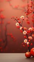 chinês Novo ano vermelho fundo com ameixa Flor e 3d lanterna elementos ai gerado foto