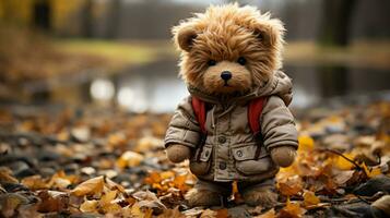 solitário Urso de pelúcia Urso boneca em pé sozinho com embaçado outono floresta fundo, perdido Castanho Urso brinquedo olhando triste, internacional ausência de crianças dia, generativo ai foto