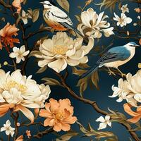 elegante chinoiserie tecido fundo exibindo Eterno floral e pássaro motivos foto