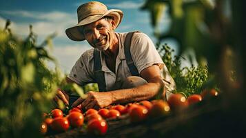 retrato agricultor colheita tomates ai generativo foto