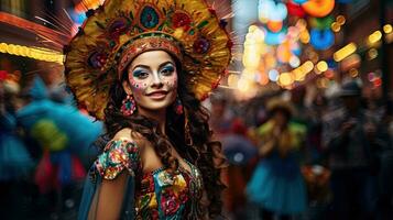 lindo mulher com traje dentro a carnaval ai generativo foto