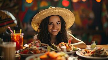 retrato mulher vestindo sombrero com tacos em a mesa ai generativo foto