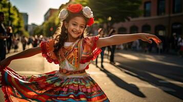 retrato menina dançando em a rua do cidade ai generativo foto