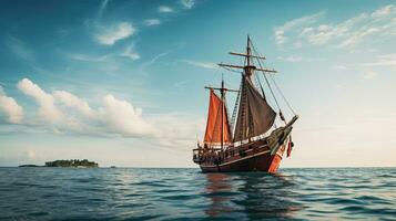 retrato pinisi navio Navegando em a mar com luz exposição ai generativo foto