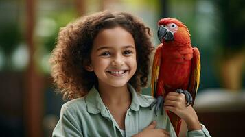 retrato crianças com papagaio dentro a jardim zoológico com luz exposição ai generativo foto