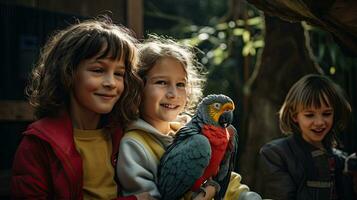 retrato crianças com papagaio dentro a jardim zoológico com luz exposição ai generativo foto