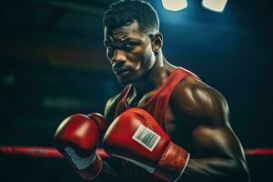 retrato do uma profissional boxer dentro uma brigando pose ai generativo foto