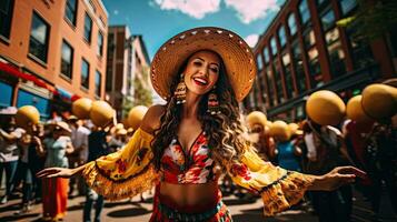 retrato menina vestindo sombrero dançando em a rua do cidade ai generativo foto