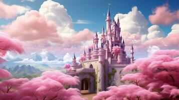 uma fada conto castelo com Rosa cereja árvores foto