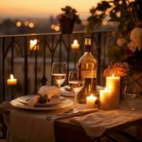 romântico jantar vinho velas e uma mesa para dois por favor foto