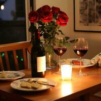 romântico jantar vinho velas e uma mesa para dois por favor foto