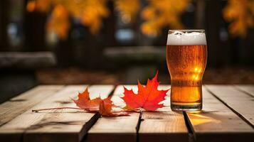 retrato uma vidro do Cerveja com outono folha em a mesa ai generativo foto