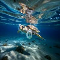 tartaruga com plástico peça embaixo da agua foto