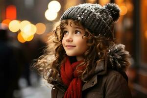 uma menina criança em pé Próximo para uma Natal árvore dentro a cidade ai gerado foto