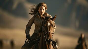 retrato mulher equitação uma cavalo dentro uma raça ai generativo foto