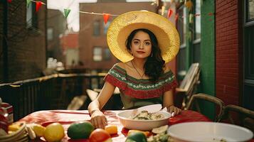 mulher vestindo sombrero com tacos em a mesa ai generativo foto