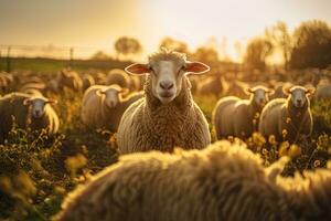 retrato ovelha dentro a meio Fazenda com luz exposição ai generativo foto