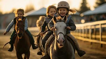 retrato crianças equitação uma cavalo dentro raça ai generativo foto