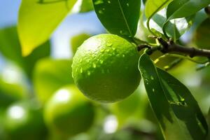 Lima fruta em árvore com seletivo foco, ai generativo foto