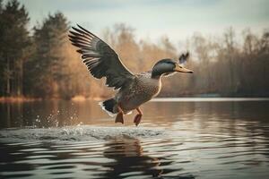 retrato do pato-real Pato vôo sobre a lago ai generativo foto