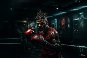 retrato do uma profissional boxer dentro uma brigando pose ai generativo foto