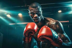 retrato do uma profissional boxer dentro uma brigando pose ai generativo foto