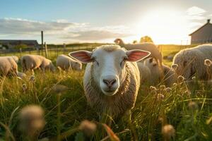 retrato ovelha dentro a meio Fazenda com luz exposição ai generativo foto