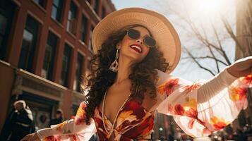 retrato menina vestindo sombrero dançando em a rua do cidade ai generativo foto