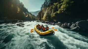 retrato pessoas estão rafting dentro velozes fluindo rio ai generativo foto