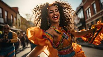 retrato menina dançando em a rua do cidade ai generativo foto