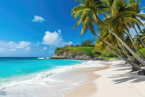 lindo de praia anse Lazio às seychelles - natureza fundo, lindo tropical barbados ilha. Visão do a dourado de praia com Palmeiras e cristal Claro água, ai gerado foto