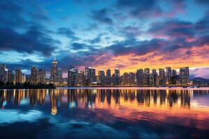 paisagem urbana do hong kong às pôr do sol com reflexão dentro a água, lindo Visão do centro da cidade Vancouver Horizonte, britânico Colômbia, Canadá, ai gerado foto