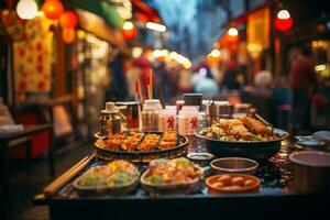 ai generativo imagem do uma movimentado japonês rua Comida mercado foto