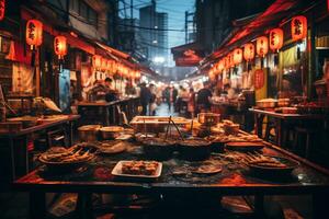 ai generativo imagem do uma movimentado japonês rua Comida mercado foto