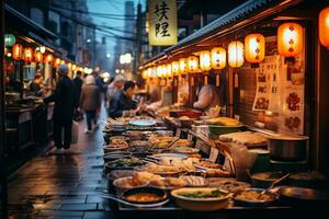 ai generativo imagem do uma movimentado japonês rua Comida mercado foto