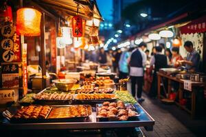 ai generativo imagem do uma movimentado japonês rua Comida mercado foto