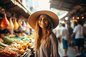 a essência do uma lindo fêmea turista explorar tradicional mercado ai generativo foto