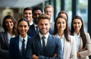 uma diverso grupo do o negócio pessoas poses para uma profissional equipe foto, exalando confiança e profissionalismo, ai generativo foto